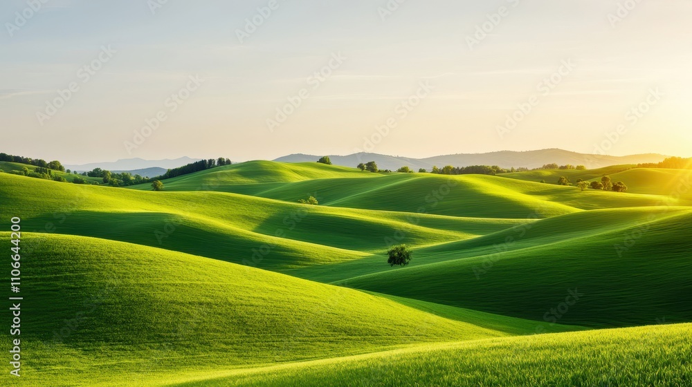 Fototapeta premium Lush Green Rolling Hills Under Bright Clear Sky at Sunset