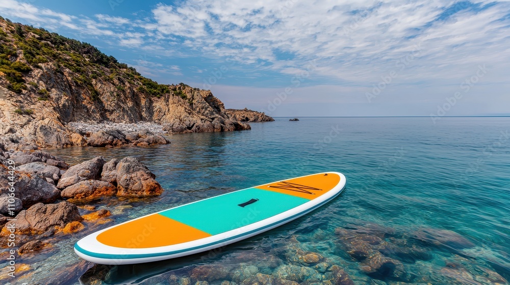 Stand-up Paddleboard on Calm Water Near Rocky Shoreline Stand-up Paddleboard on Calm Water Near Rocky Shoreline