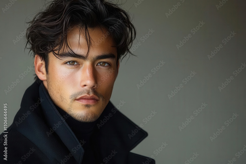 Obraz premium fashion-forward young male model showcases casual black attire against a minimalist gray backdrop, exuding confidence and style in a striking pose