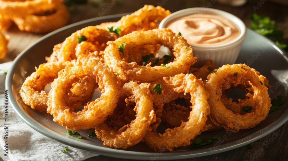 A plate of crispy onion rings served with spicy aioli dipping sauce, Onion rings on plate, Warm sunlight highlighting the golden crispiness A plate of crispy onion rings served with spicy aioli dipping sauce, Onion rings on plate, Warm sunlight highlighting the golden crispiness