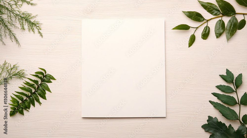 Template magazine page mockup concept. Blank Page Surrounded by Greenery on Light Wood Surface Template magazine page mockup concept. Blank Page Surrounded by Greenery on Light Wood Surface