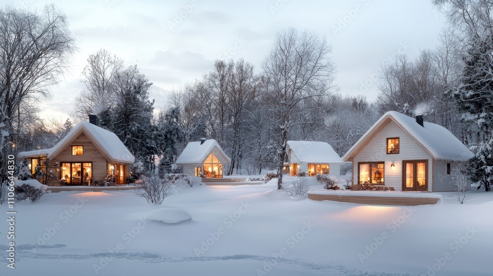 Cozy Winter Cabins Surrounded by Snowy Landscape at Dusk Cozy Winter Cabins Surrounded by Snowy Landscape at Dusk