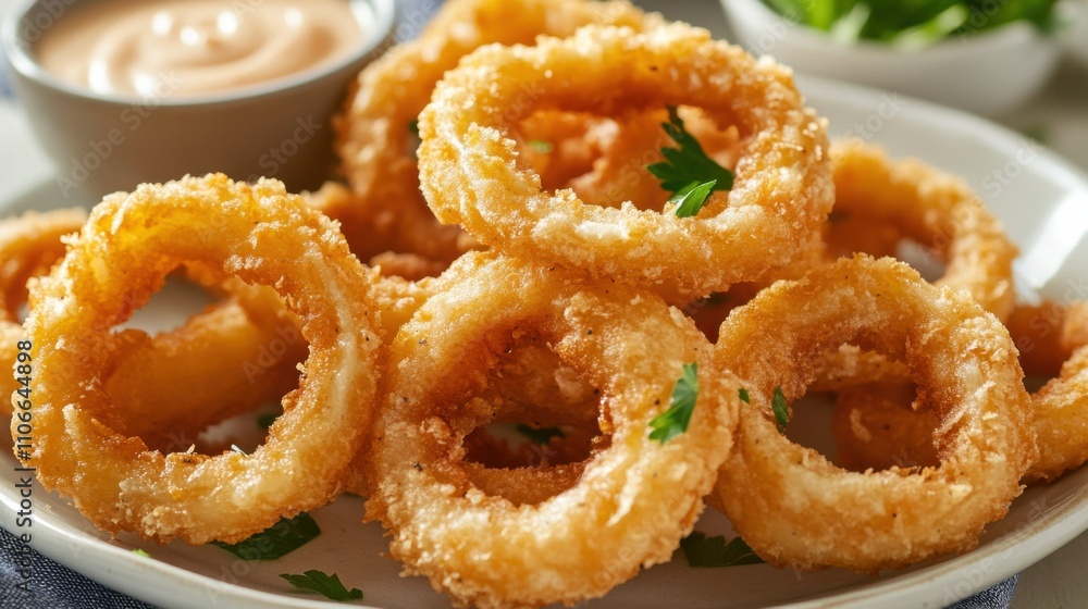 A plate of crispy onion rings served with spicy aioli dipping sauce, Onion rings on plate, Warm sunlight highlighting the golden crispiness A plate of crispy onion rings served with spicy aioli dipping sauce, Onion rings on plate, Warm sunlight highlighting the golden crispiness