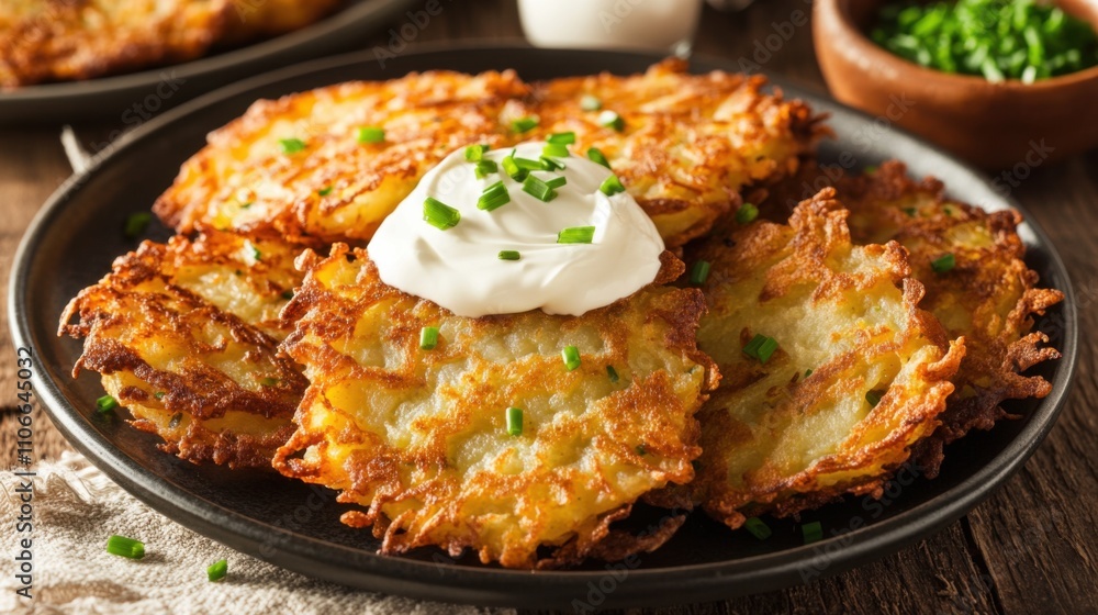 A plate of crispy potato latkes served with sour cream and applesauce, Potato latke plate centered, Warm overhead lighting accentuating their golden-brown crust A plate of crispy potato latkes served with sour cream and applesauce, Potato latke plate centered, Warm overhead lighting accentuating their golden-brown crust