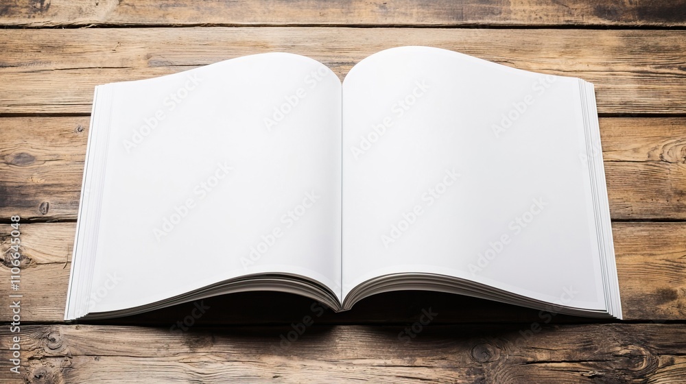 Fototapeta premium Template magazine page mockup concept. Blank Magazine Mockup on Wooden Surface