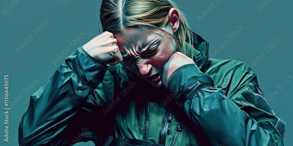 Fototapeta premium A young woman expresses frustration, clenching her fists in a dramatic pose against a muted background.