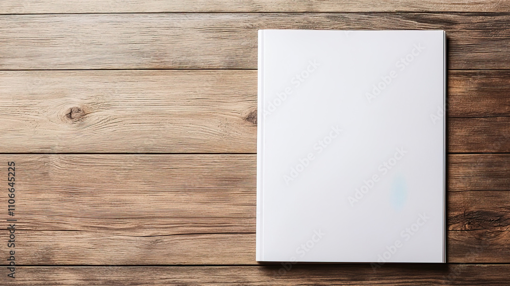 Fototapeta premium Template magazine page mockup concept. Open Magazine Spread on Wooden Table Surface