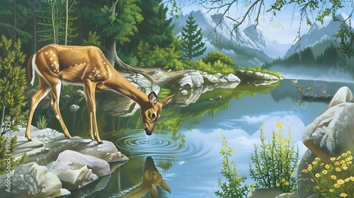 a deer drinking from a crystal clear mountain  photo