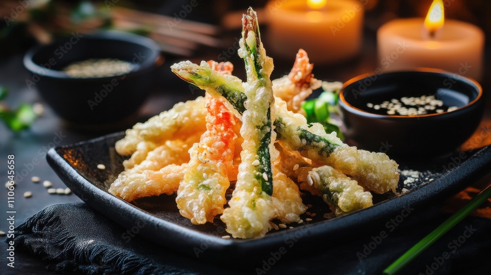 A plate of crispy vegetable tempura served with a side of soy dipping sauce, Vegetable tempura plate centered, Warm candlelight accentuating its golden crunch A plate of crispy vegetable tempura served with a side of soy dipping sauce, Vegetable tempura plate centered, Warm candlelight accentuating its golden crunch