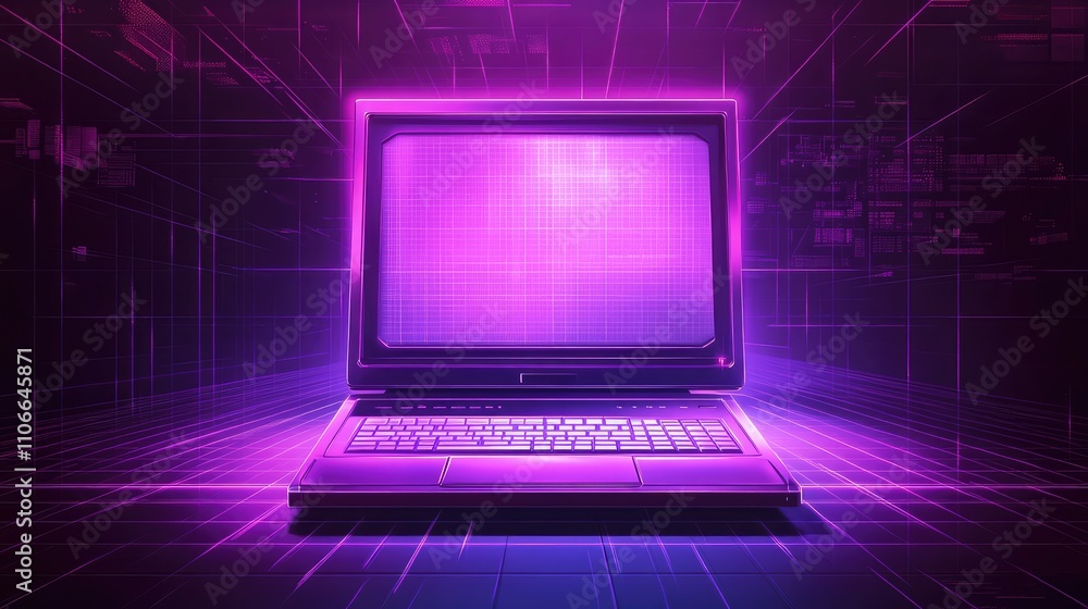 Futuristic Neon Laptop on Vibrant Digital Background in Purple Hues Futuristic Neon Laptop on Vibrant Digital Background in Purple Hues