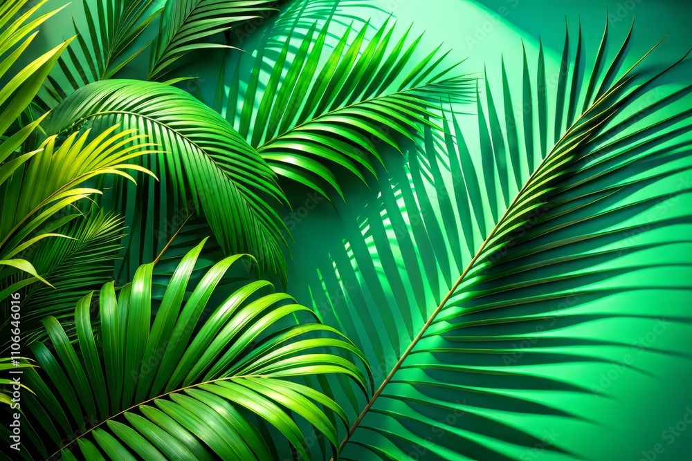 Abstract Palm Leaf Shadow, Green Background, 3D Food Photography Abstract Palm Leaf Shadow, Green Background, 3D Food Photography