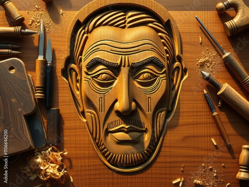 A detailed portrait, painstakingly crafted through woodblock printmaking. photo