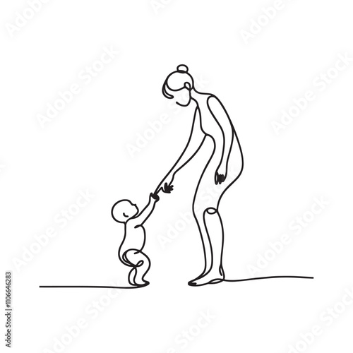 One continuous single drawing black line art doodle of a mother and child walking hand in hand, illustration on white background