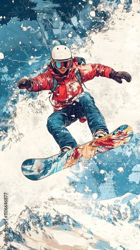 Extreme Snowboarding Dynamic Action Shot of Snowboarder in Mid-Air