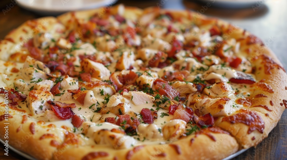 Pizza with chicken, bacon, and ranch dressing Pizza with chicken, bacon, and ranch dressing
