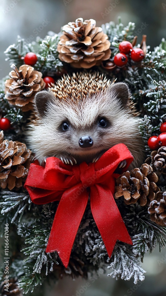 Hedgehog, Red Bow, Christmas Wreath, Pine Cones, Festive Charm Hedgehog, Red Bow, Christmas Wreath, Pine Cones, Festive Charm