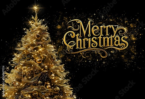 golden christmas tree in bright gold.dark background. photo