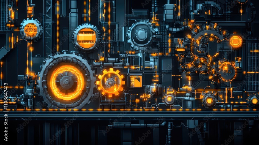 Futuristic Industrial Background with Glowing Gears and Machinery Futuristic Industrial Background with Glowing Gears and Machinery