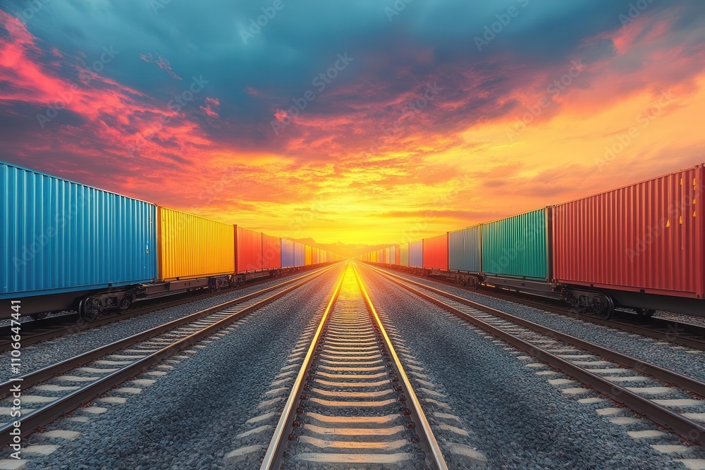 freight train loaded with colorful cargo containers, moving steadily along the tracks, illustrating the dynamic and industrious nature of transportation and logistics freight train loaded with colorful cargo containers, moving steadily along the tracks, illustrating the dynamic and industrious nature of transportation and logistics