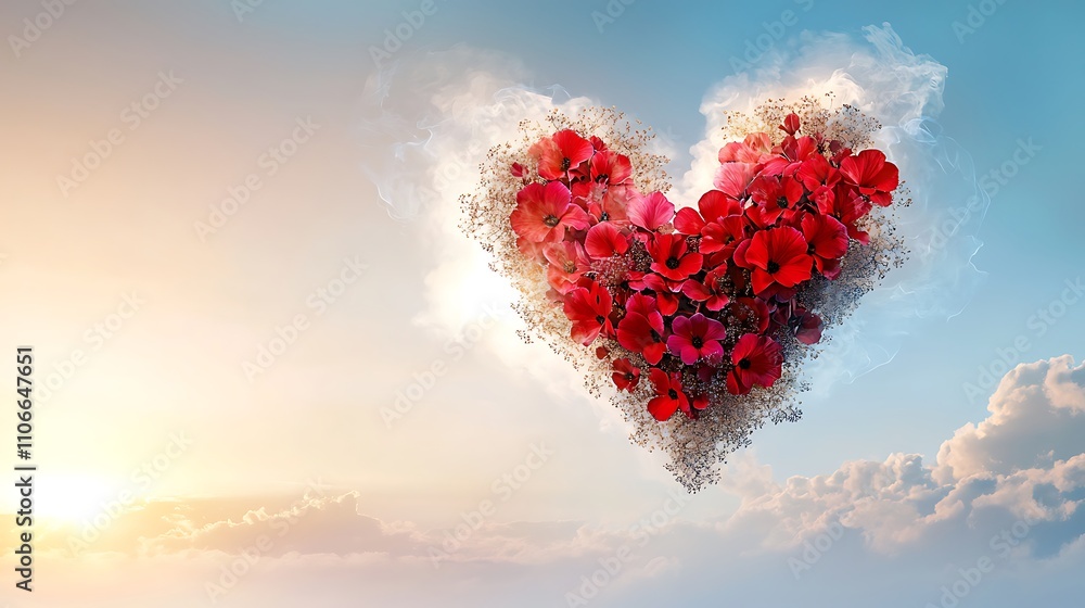 The intricate heart shaped arrangement of vibrant flowers appears to be floating effortlessly in the sky, casting a mesmerizing glow as the soft clouds gently frame its outline The intricate heart shaped arrangement of vibrant flowers appears to be floating effortlessly in the sky, casting a mesmerizing glow as the soft clouds gently frame its outline