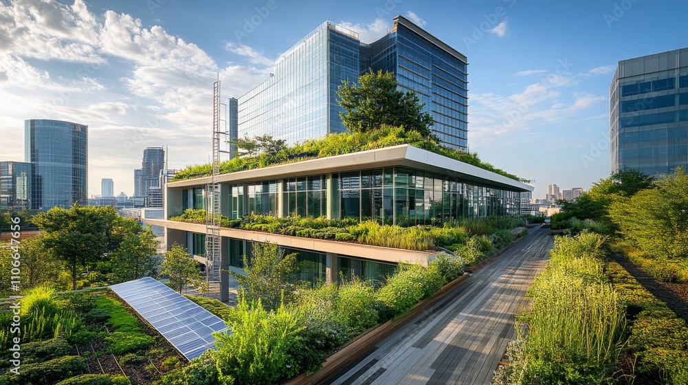 A modern real estate building showcases green architecture with a rooftop garden. The structure reflects sustainability, surrounded by plants and solar panels, enhancing the urban landscape. A modern real estate building showcases green architecture with a rooftop garden. The structure reflects sustainability, surrounded by plants and solar panels, enhancing the urban landscape.