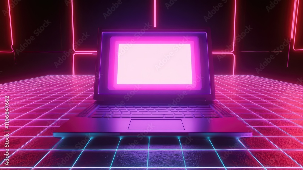 Neon Laptop in Futuristic Setting with Glowing Grid Background Neon Laptop in Futuristic Setting with Glowing Grid Background