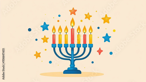 A vibrant menorah illustration celebrating Hanukkah, perfect for festive greeting cards or holiday decor, featuring colorful candles and a joyful atmosphere.