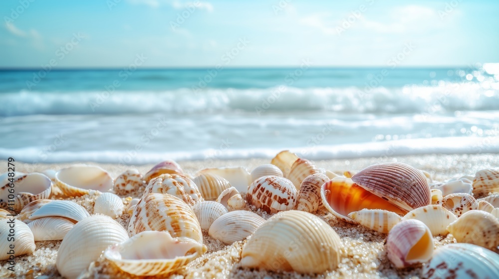 A tranquil beach with vibrant shells, gentle waves, and a clear sky invites relaxation and warmth.