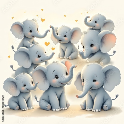 Charming baby elephant illustrations, long exposure style.