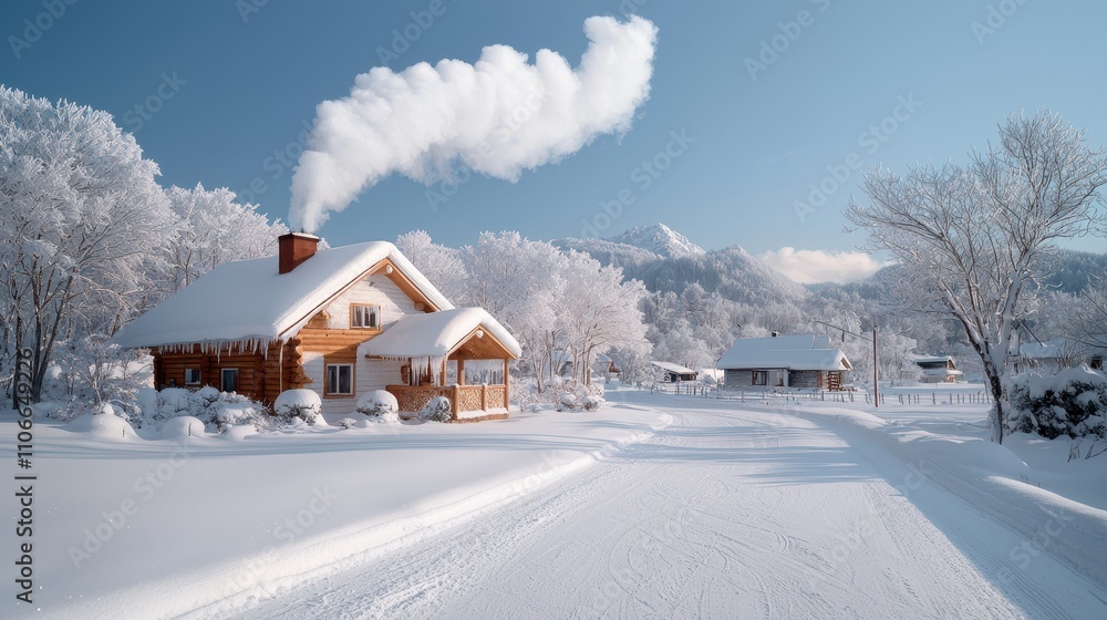Snowy Winter Landscape with Charming House and Smoke from Chimney Snowy Winter Landscape with Charming House and Smoke from Chimney