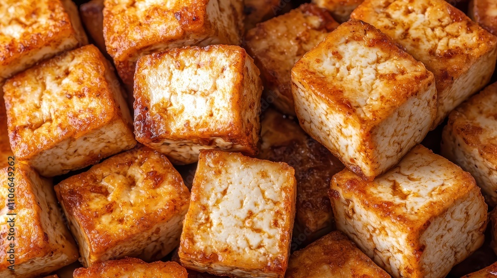 Golden Crisp Tofu Cubes on Dark Background for Healthy Cooking Golden Crisp Tofu Cubes on Dark Background for Healthy Cooking