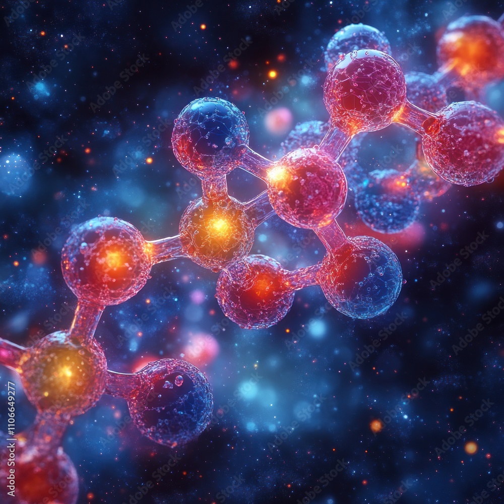 A colorful molecular structure against a cosmic background, illustrating scientific concepts. A colorful molecular structure against a cosmic background, illustrating scientific concepts.
