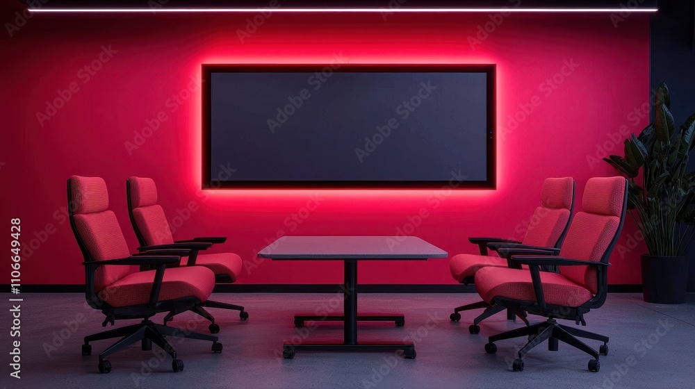 Modern Conference Room with Red Accent Wall and Ergonomic Chairs Modern Conference Room with Red Accent Wall and Ergonomic Chairs