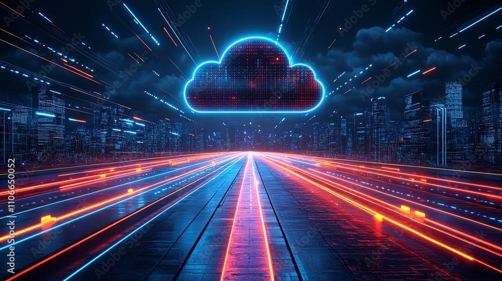 Futuristic data transfer concept with a neon cloud and dynamic light trails. Futuristic data transfer concept with a neon cloud and dynamic light trails.
