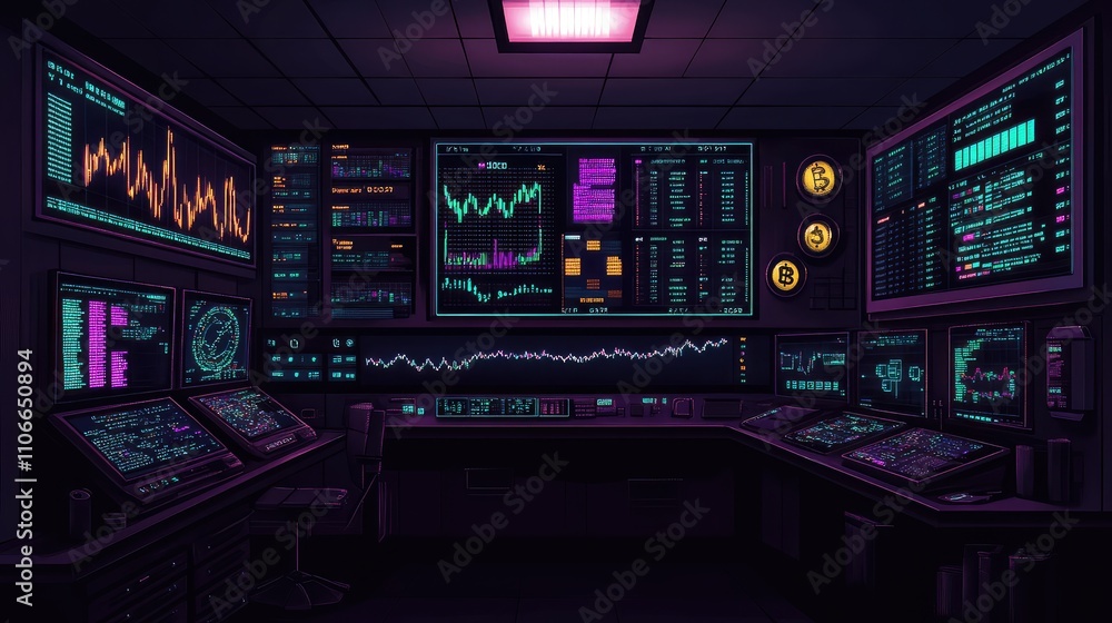 Futuristic Cyberpunk Trading Room with Data Visualizations Futuristic Cyberpunk Trading Room with Data Visualizations