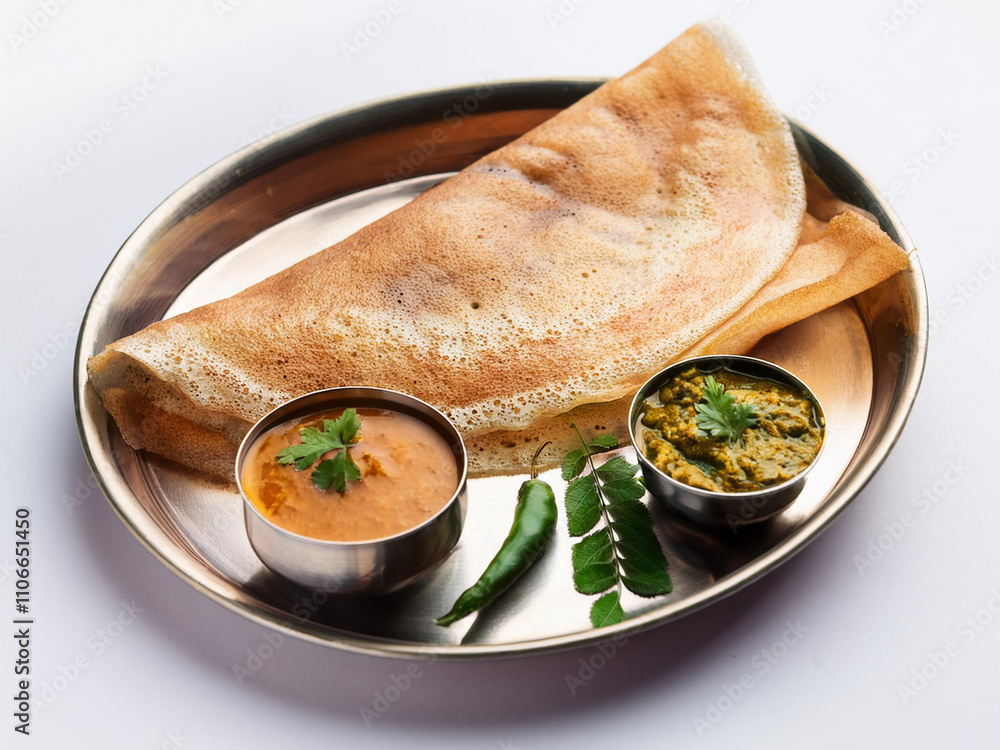 Indian dosa with chutney on a white background Indian dosa with chutney on a white background