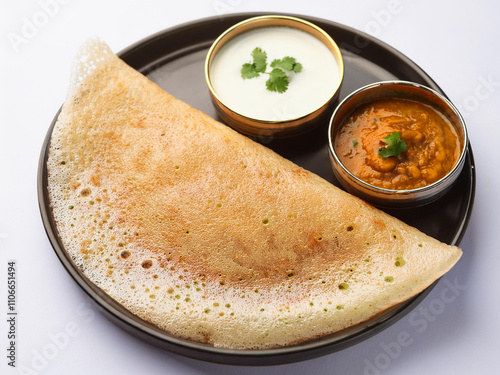 Photography Indian dosa with chutney on a white background