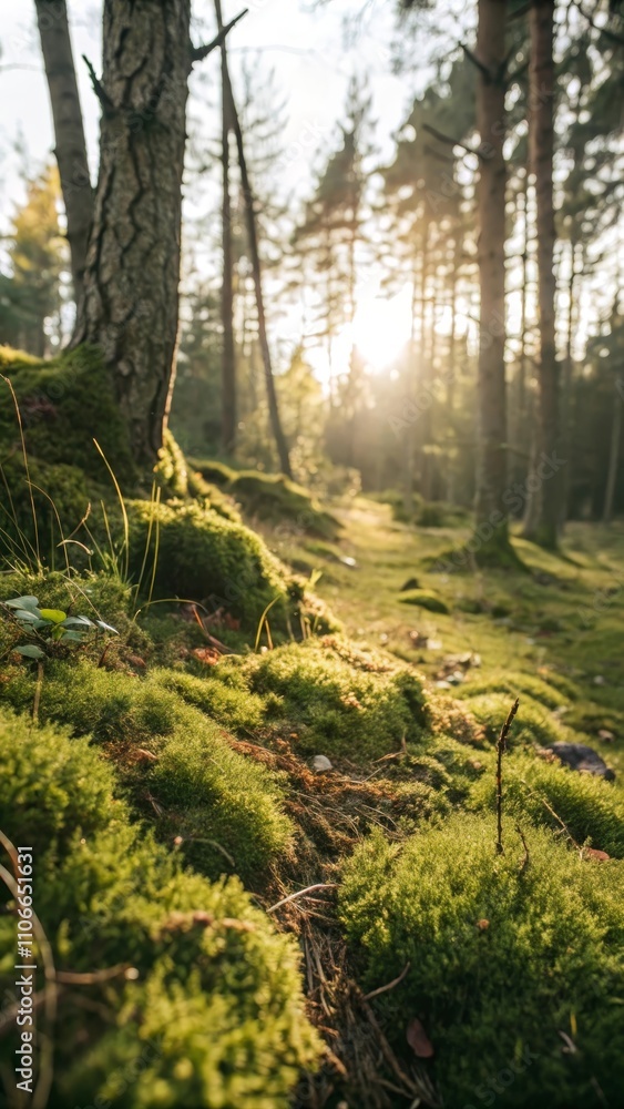 Obraz premium Sunlit forest clearing with soft mossy ground