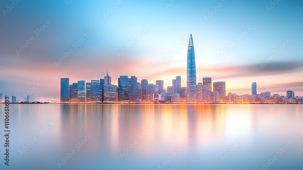 Cityscape panorama with skyscrapers reflecting on the water at sunset Cityscape panorama with skyscrapers reflecting on the water at sunset