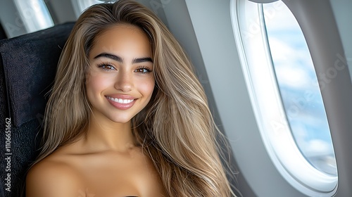 A stunning woman sits comfortably in the window seat of an airplane, her eyes sparkling with joy as she gazes directly at the camera