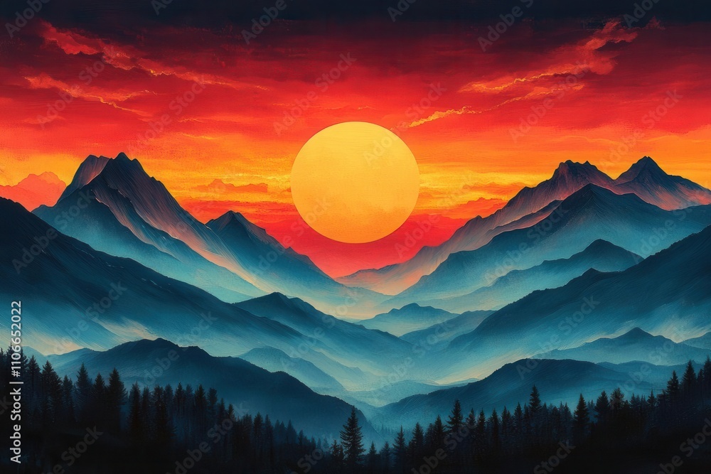 geometric landscape showcasing a bold sunrise over mountain silhouettes, characterized by sharp lines and vivid colors. the composition embodies a sense of renewal and inspiration geometric landscape showcasing a bold sunrise over mountain silhouettes, characterized by sharp lines and vivid colors. the composition embodies a sense of renewal and inspiration