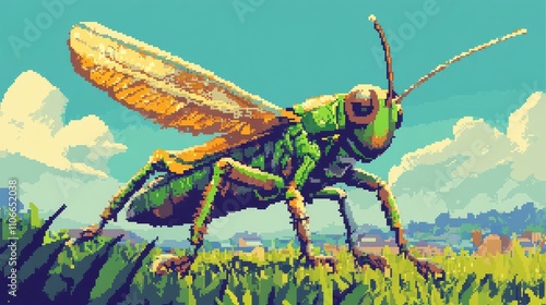 Vibrant Pixel Art Grasshopper on a Lush Green Field Landscape photo