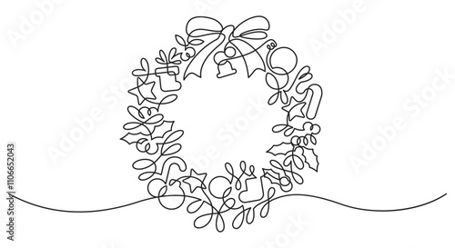 christmas wreath decoration hanging one line continuous drawing hand drawn