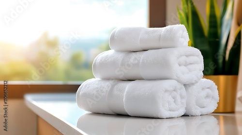 A stack of fluffy, white towels neatly arranged on the bathroom counter, creating a sense of cleanliness and tranquility photo