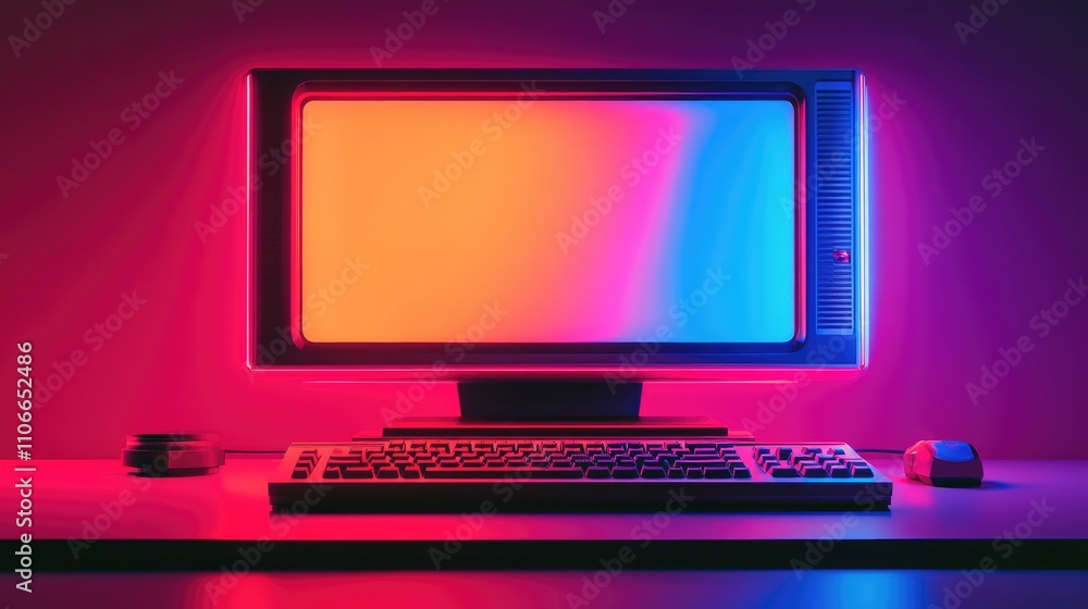 Retro Computer Setup with Colorful Neon Lighting and Keyboard Retro Computer Setup with Colorful Neon Lighting and Keyboard