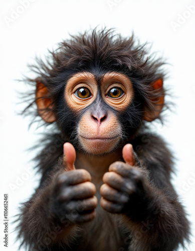 Curly-Haired Dark Brown Monkey Thumbs Up Isolated on White Background