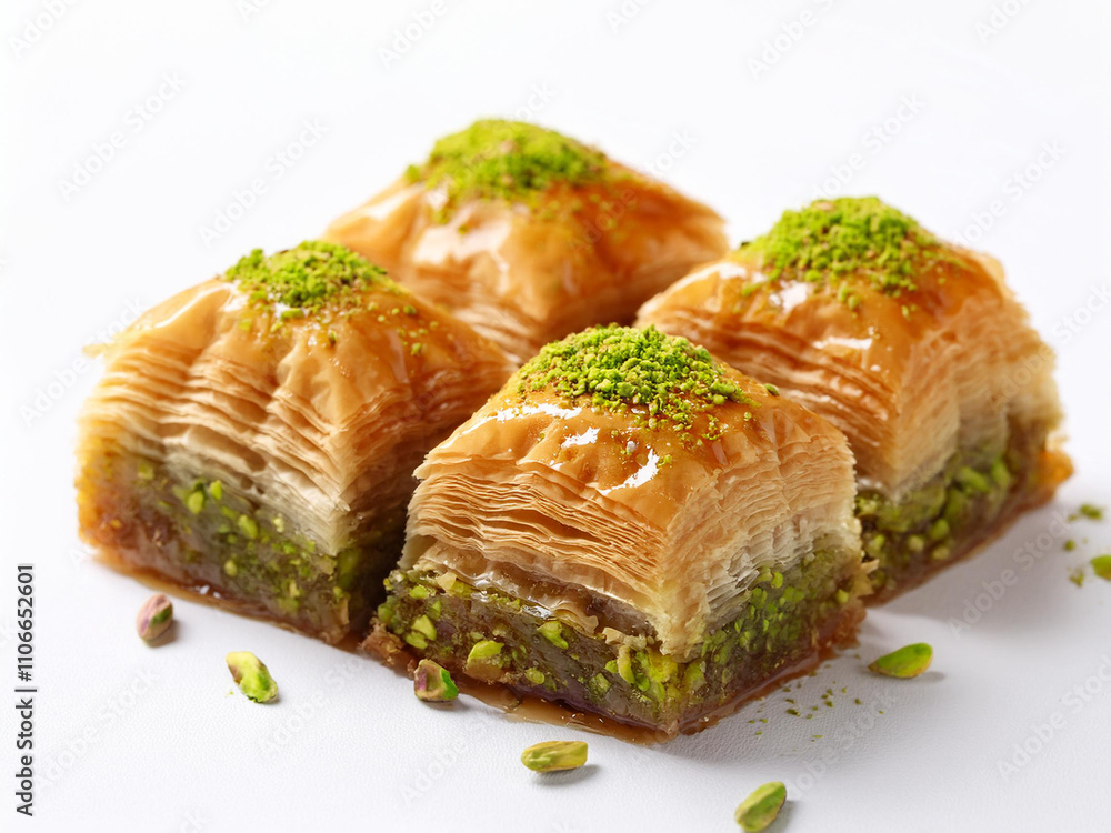Turkish baklava with pistachios on a white background Turkish baklava with pistachios on a white background