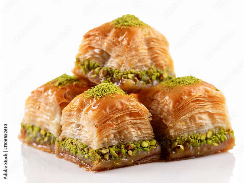 Turkish baklava with pistachios on a white background Turkish baklava with pistachios on a white background