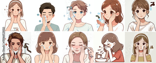 vector set of a teenager washing his face in a simple flat design style