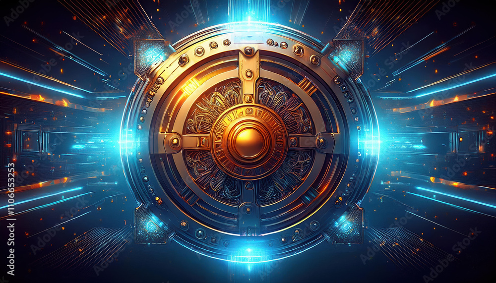 Fototapeta premium glowing vault with intricate designs symbolizes secure financial encryption and blockchain technology, showcasing seamless digital defenses